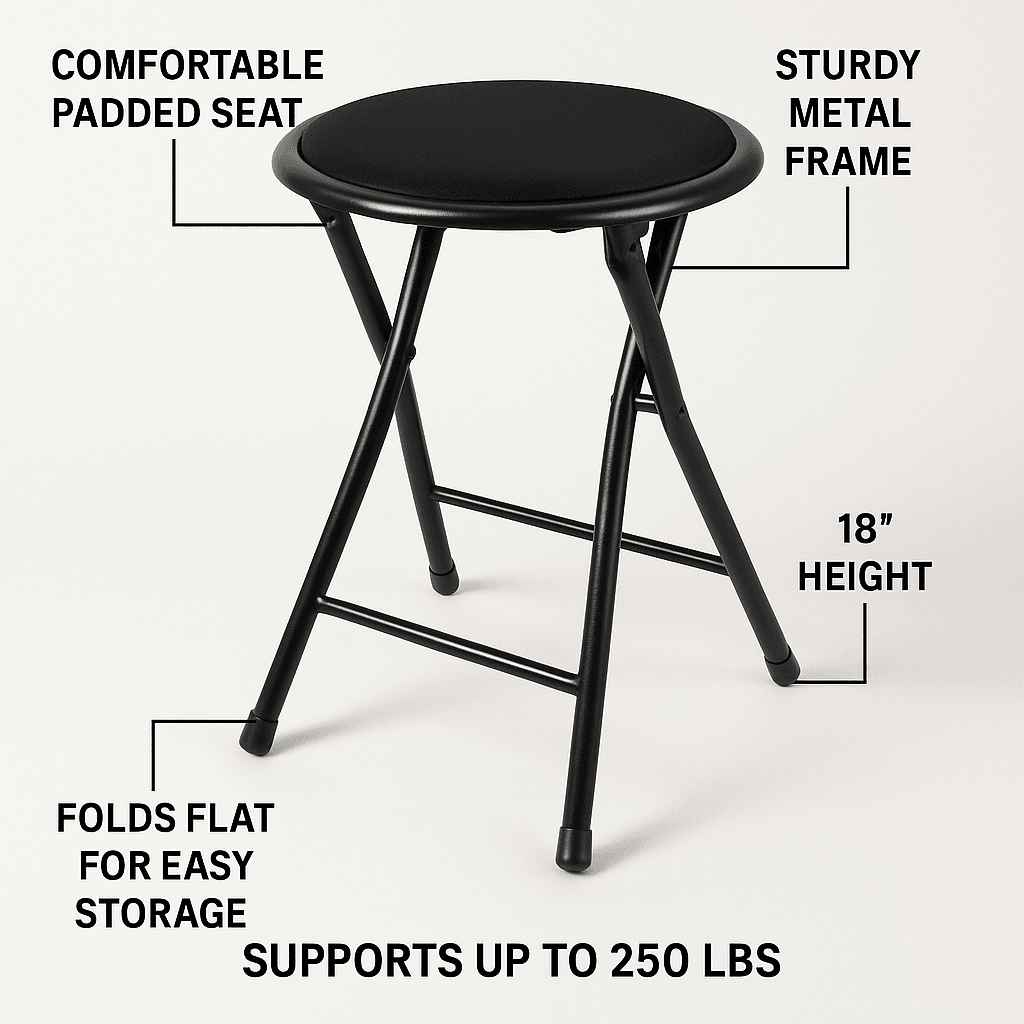 18 in Cushioned Folding Stool Compact Lightweight and Supports Up to 250 lbs