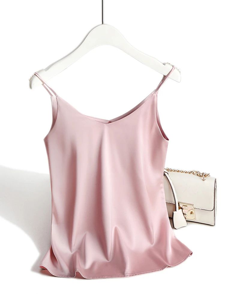 Women's Satin Silk Halter Cami – White Backless Spaghetti Strap Summer Top