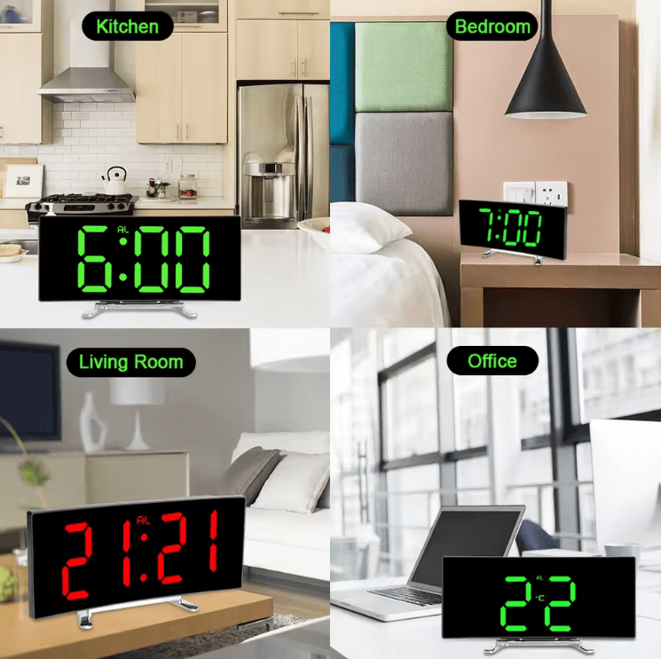 Curved LED Mirror Alarm Clock – Modern LED mirror clock with Dimmable Display & Smart Alarm Function