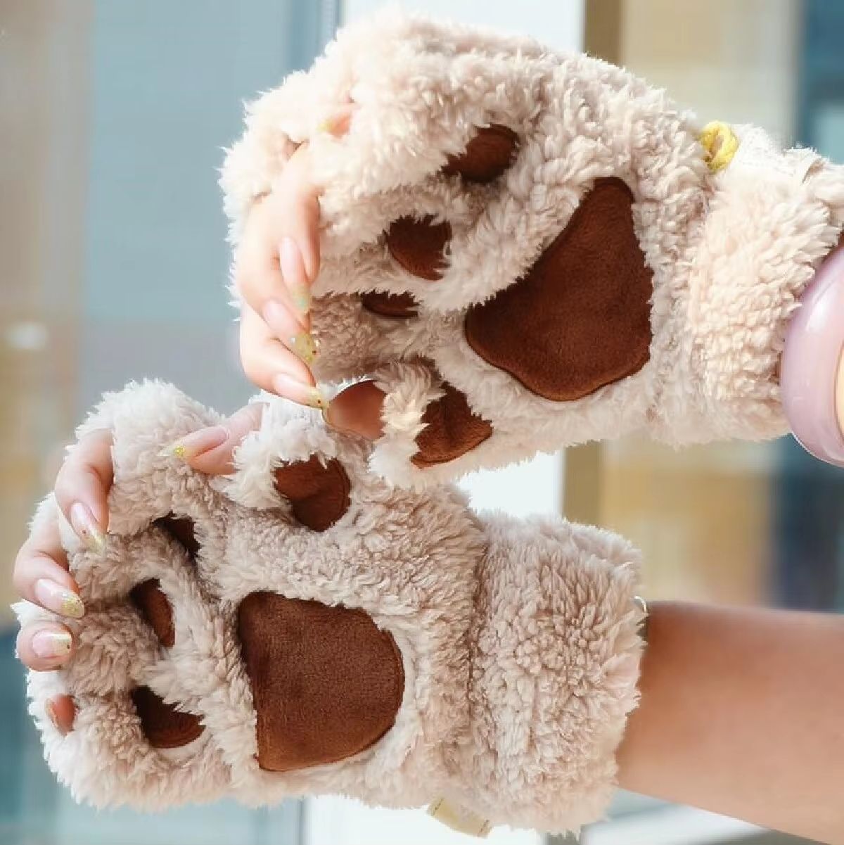 Cute Cat Claw Winter Half Finger Gloves – Thick Fluffy Bear Paw Plush Fingerless Mittens for Women and Girls