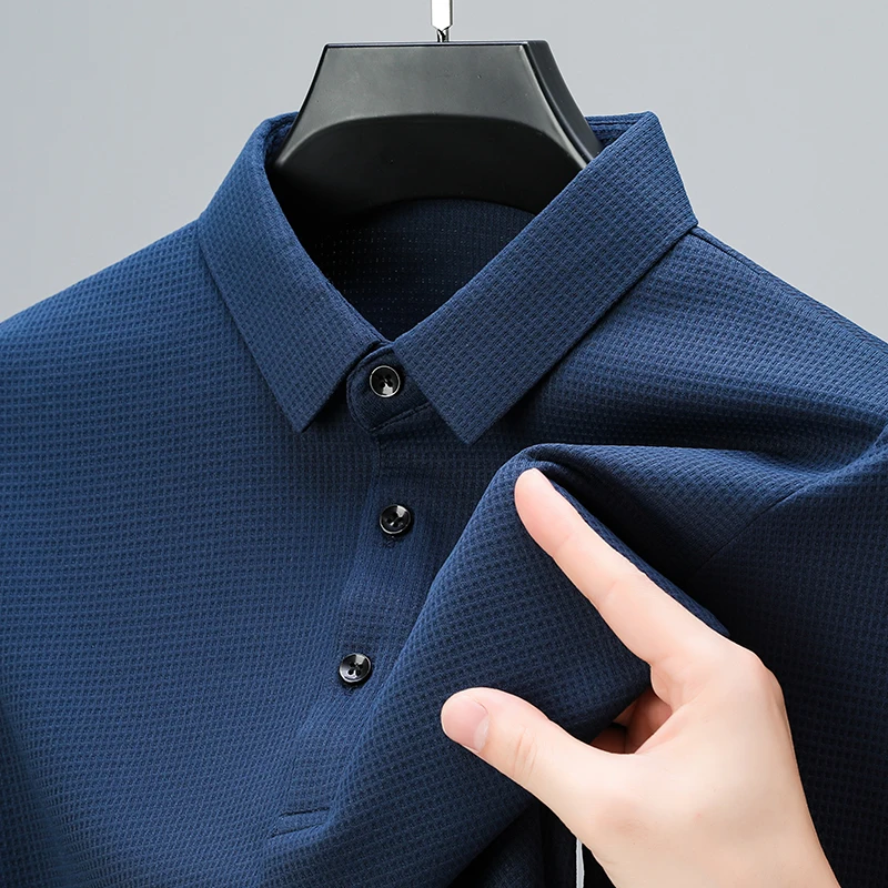 Fashion Solid Color Polo Shirt for Men New Casual Waffle Short Sleeve Top