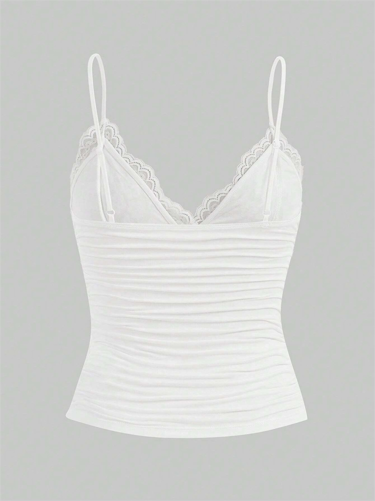 Sexy Contrast Lace Bow Front Cami Top, Women Summer Grunge, Punk Y2K Clothes, Ruched Skinny Backless Tee Shirt