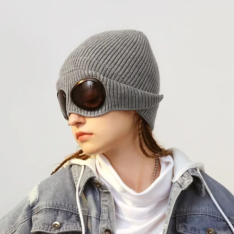 Premium Brimless Winter Hat with Goggles for Men & Women – Neutral Solid Color Skull Knitted Beanie