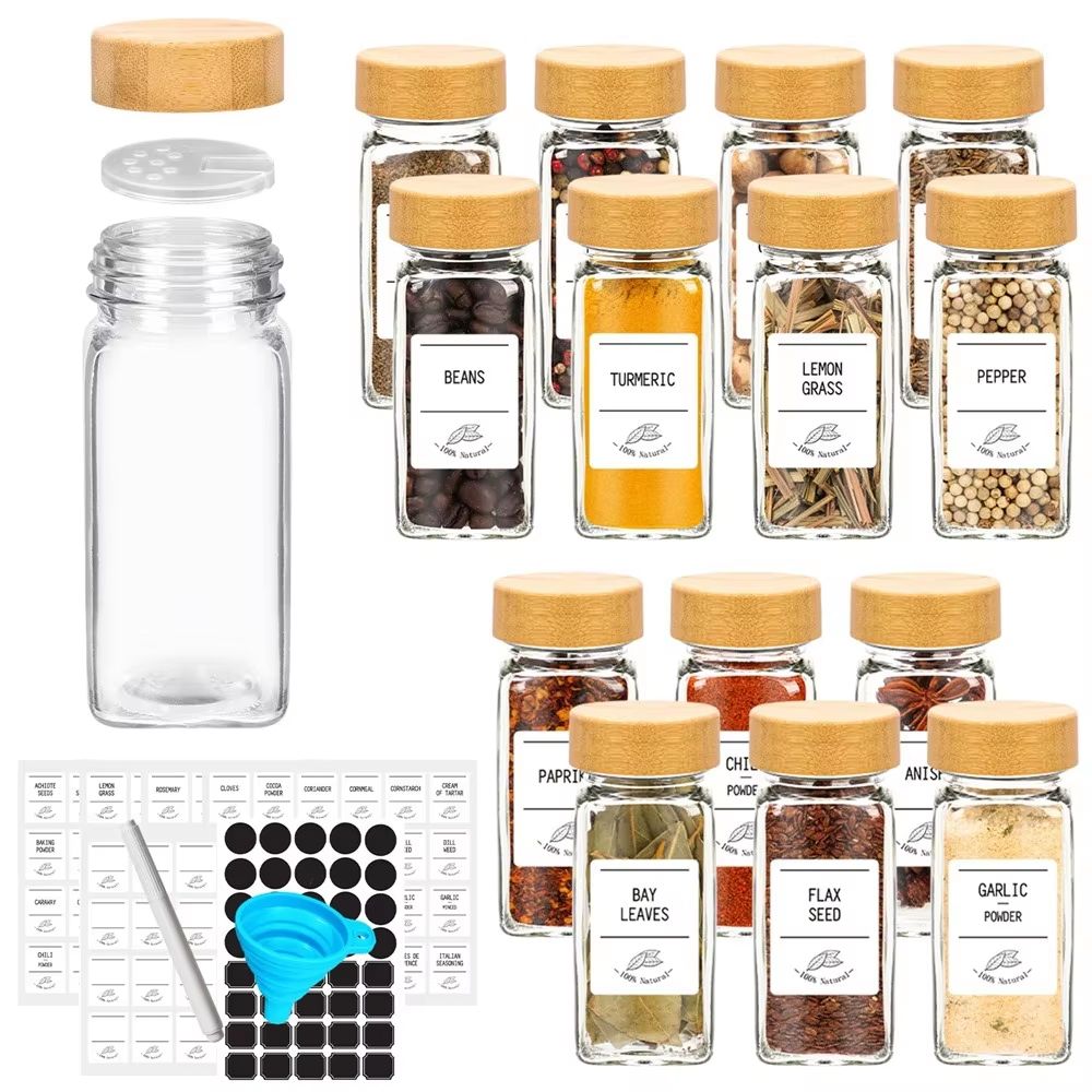 12-Piece Glass Spice Jar Set with Bamboo Lids & Minimalist Labels
