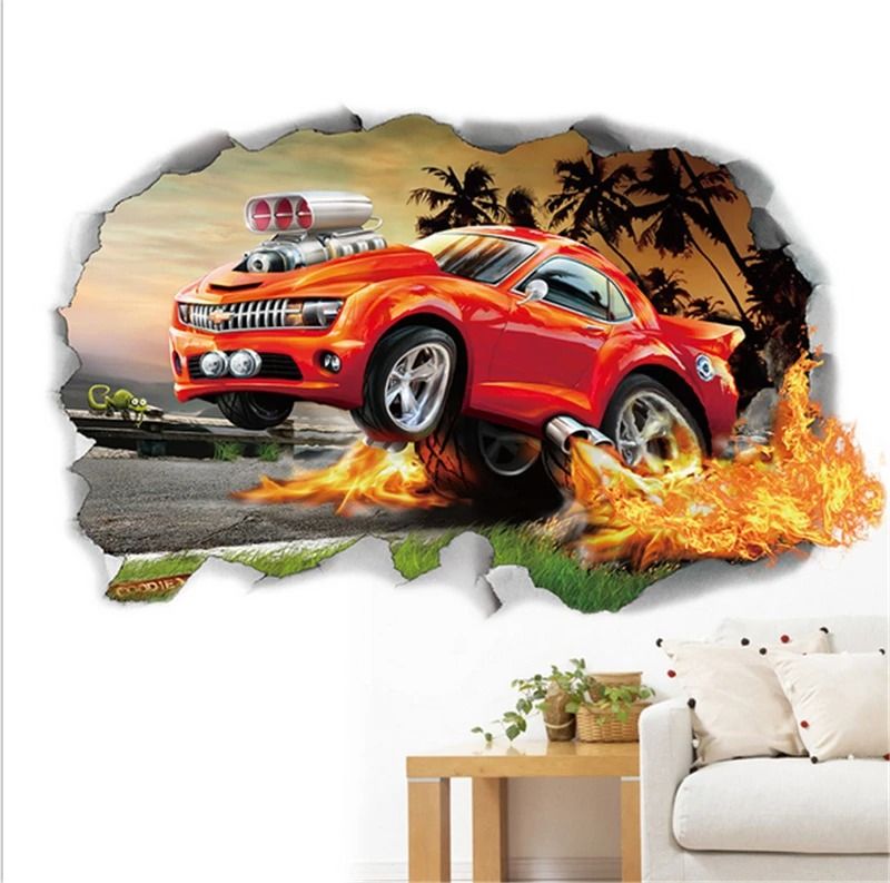 3D Cartoon Cars Breakthrough Wall Decal | Lightning McQueen Racing Mural | High-Fidelity Kid's Room & Playroom Art