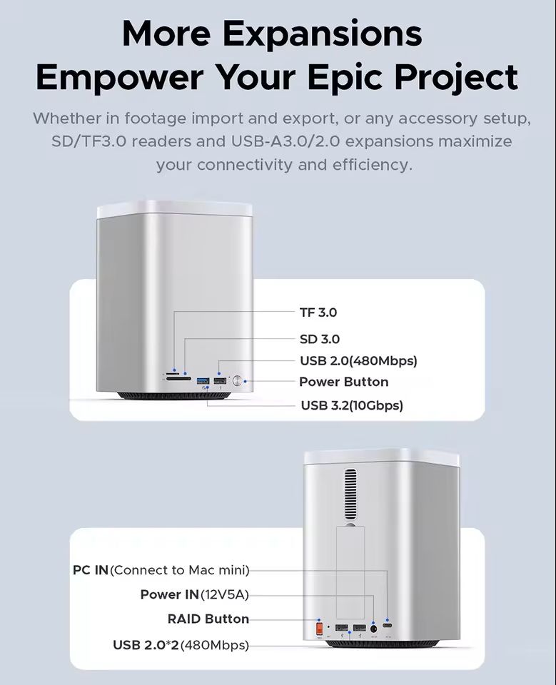 Mini Tower Dock with RAID SSD Case USB 32 Hub 10Gbps Speed