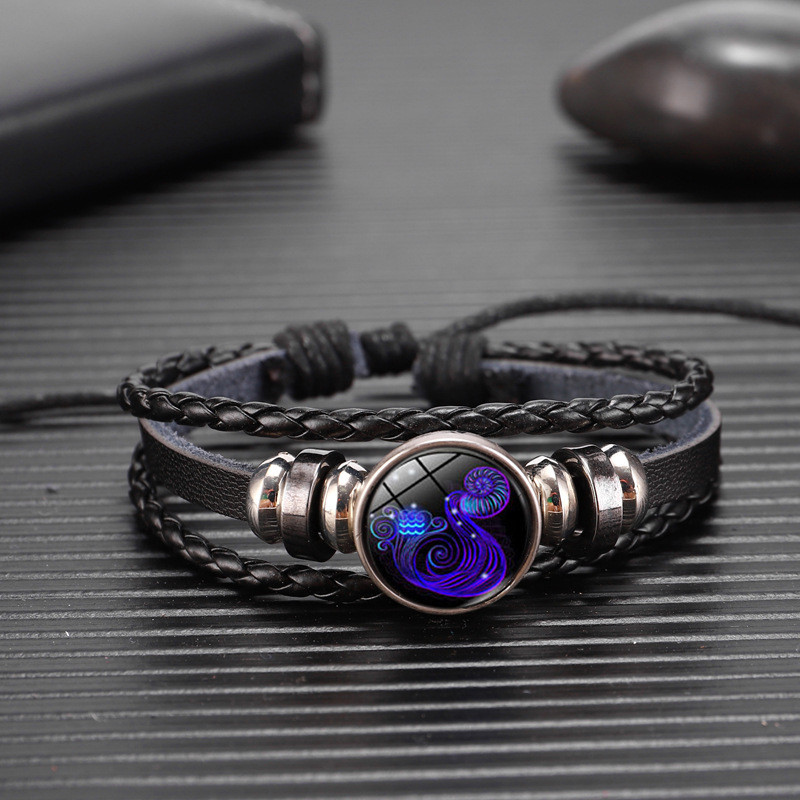 Glow Zodiac Leather Bracelet for Men Women Astrology Gift