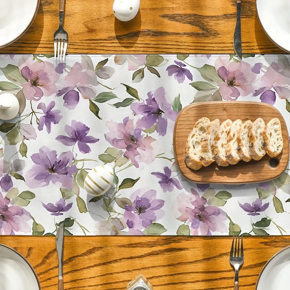 Watercolor Floral Linen Table Runner Green Plant Dining Table Decor for Elegant Home Styling