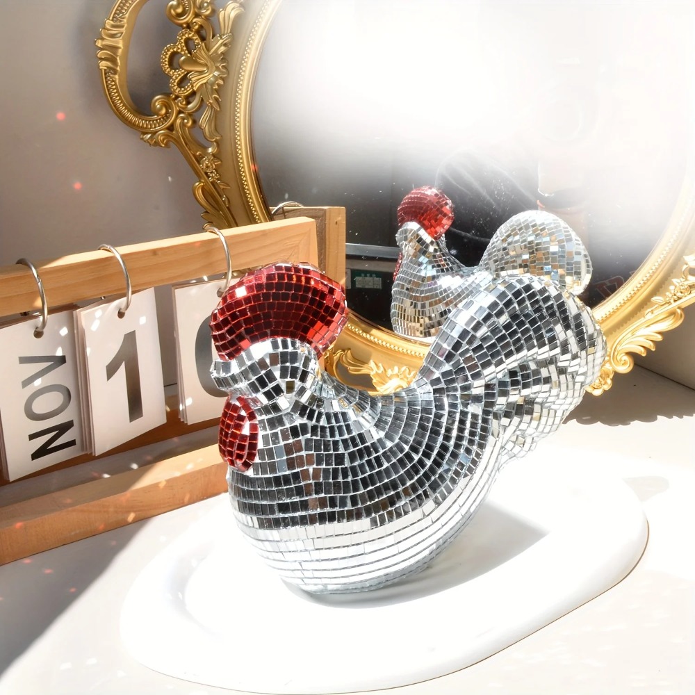 Disco Ball Rooster Chicken Mirror Ornament, Party Decoration, Birthday Gift Sculpture