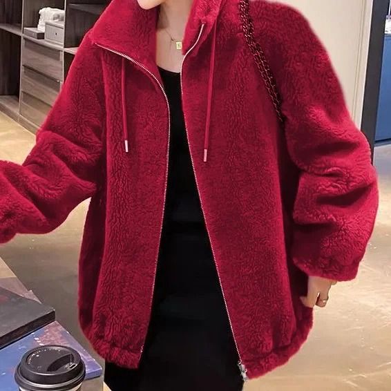 Women thickened fleece zip up stand collar hoodie jacket casual winter outerwear