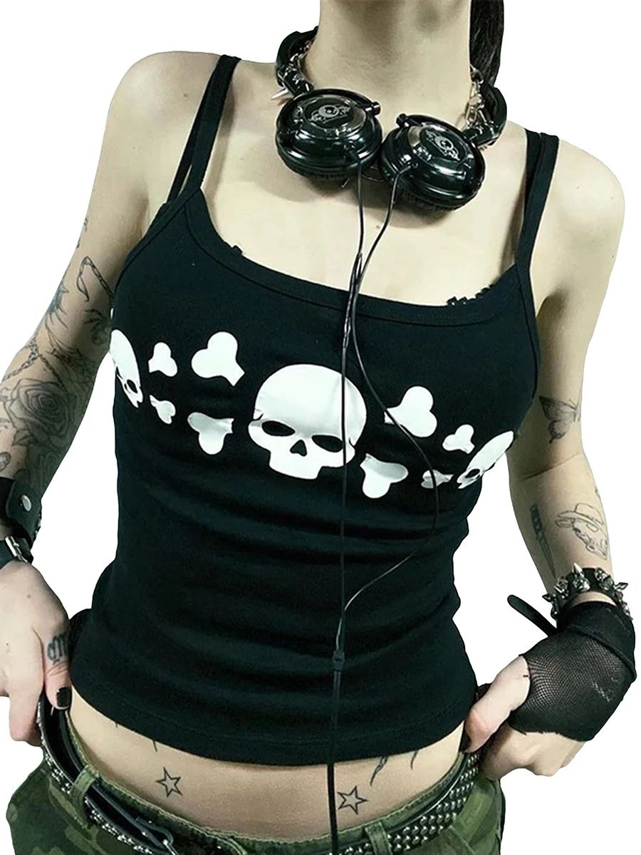 Womens Vintage Skull Print Goth Tank Top – Backless Low Cut Grunge Camisole