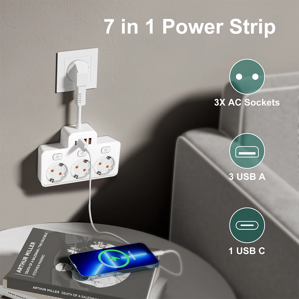 Power Strip Wall Mount with USB Ports Independent Switches Network Filter Adapter for Safe, Convenient Charging