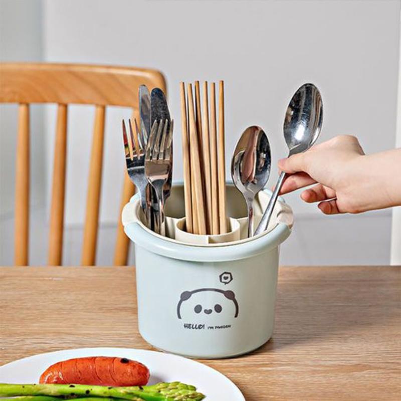 Double Layer Kitchen Utensil Holder with Drain Tray, Chopsticks Storage Rack Organizer