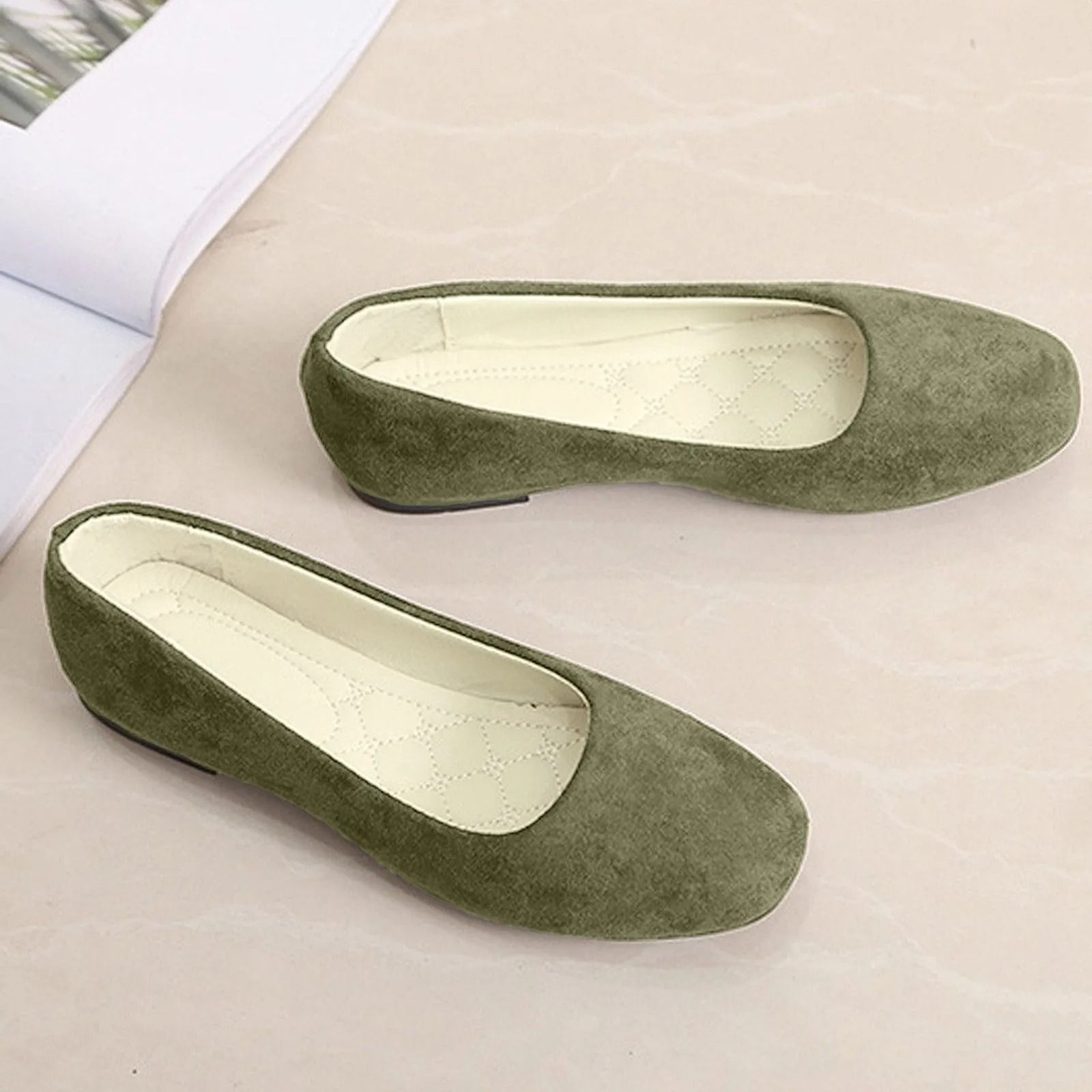 Women Suede Loafers Flat Heel Square Toe Basic Pumps