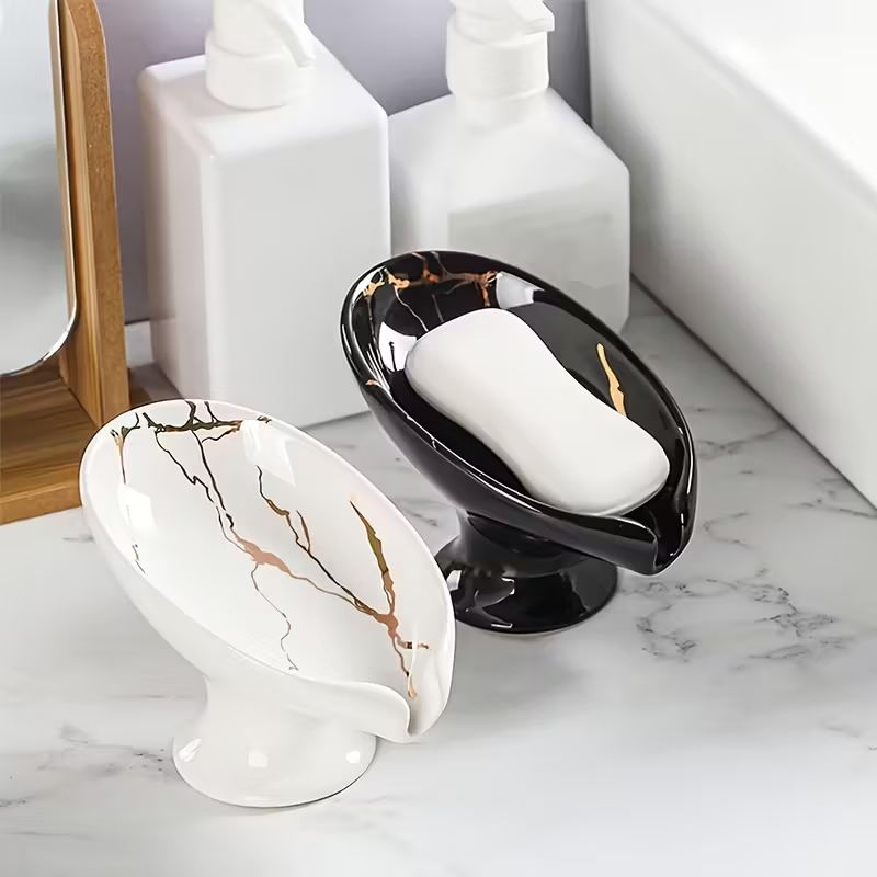 Leaf Shaped Ceramic Soap Holder Self Draining Soap Dish with Marble Finish