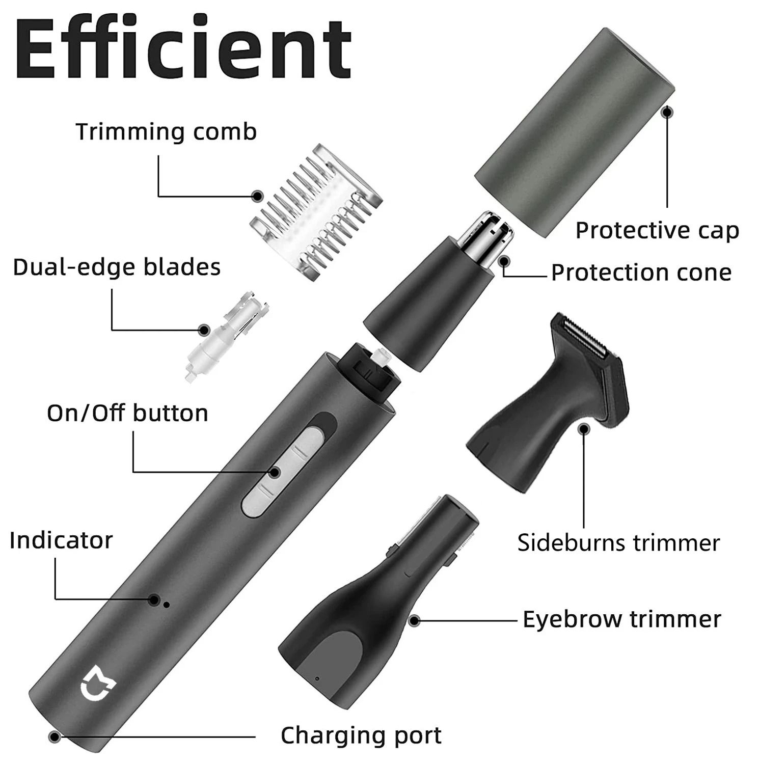 Rechargeable 3 In 1 Nose Ear And Eyebrow Hair Trimmer With Beard And Sideburn Attachments