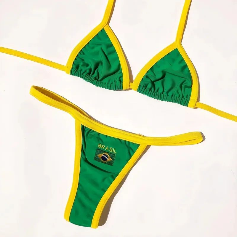 Embroidered Brazil Flag Bikini Set – Contrast Patchwork Low Waist Beach Swimsuit