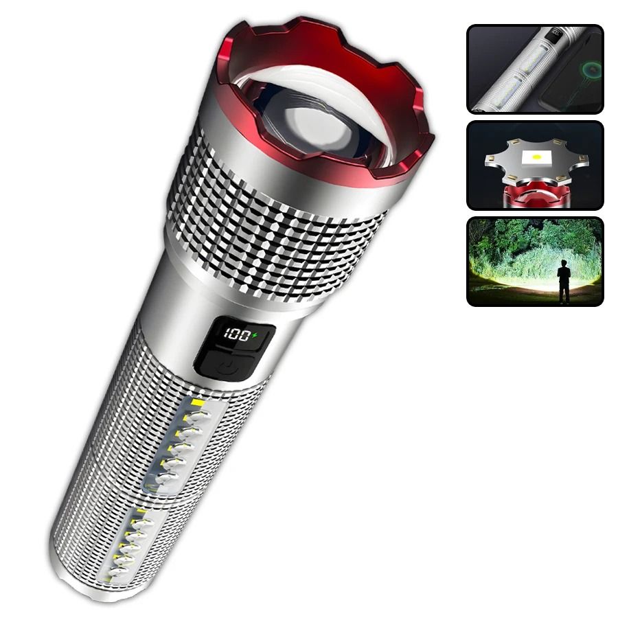Powerful Rechargeable Tactical LED Flashlight with Zoom and Power Bank