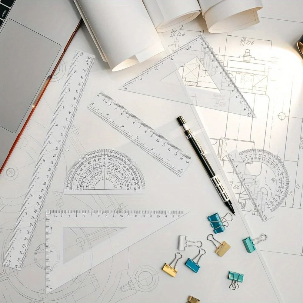 6 Piece Geometry Tools Clear Plastic Dual Measurements Rulers Protractor Triangles for Students and Office