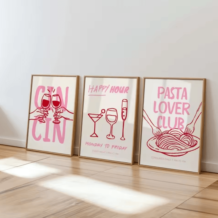 Cin Cin Cheers Pink Cocktail Poster Set – Retro Kitchen & Bar Wall Art (Frameless)