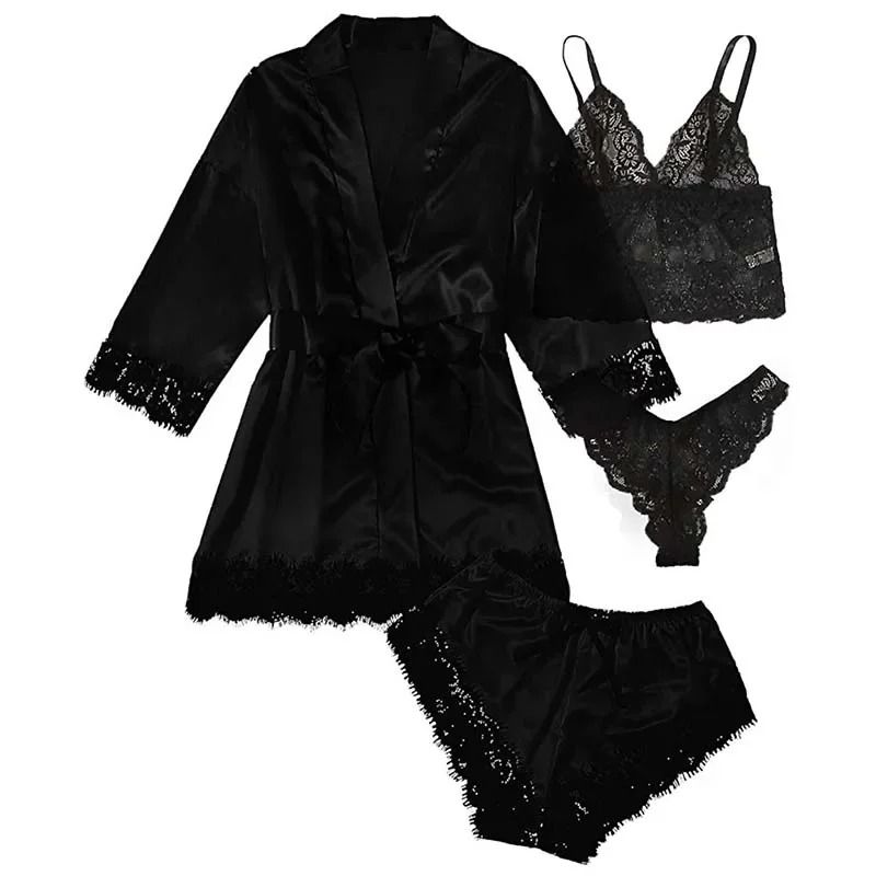 Womens Satin Sleepwear Four Piece Pajama Set with Robe Lace Nightwear