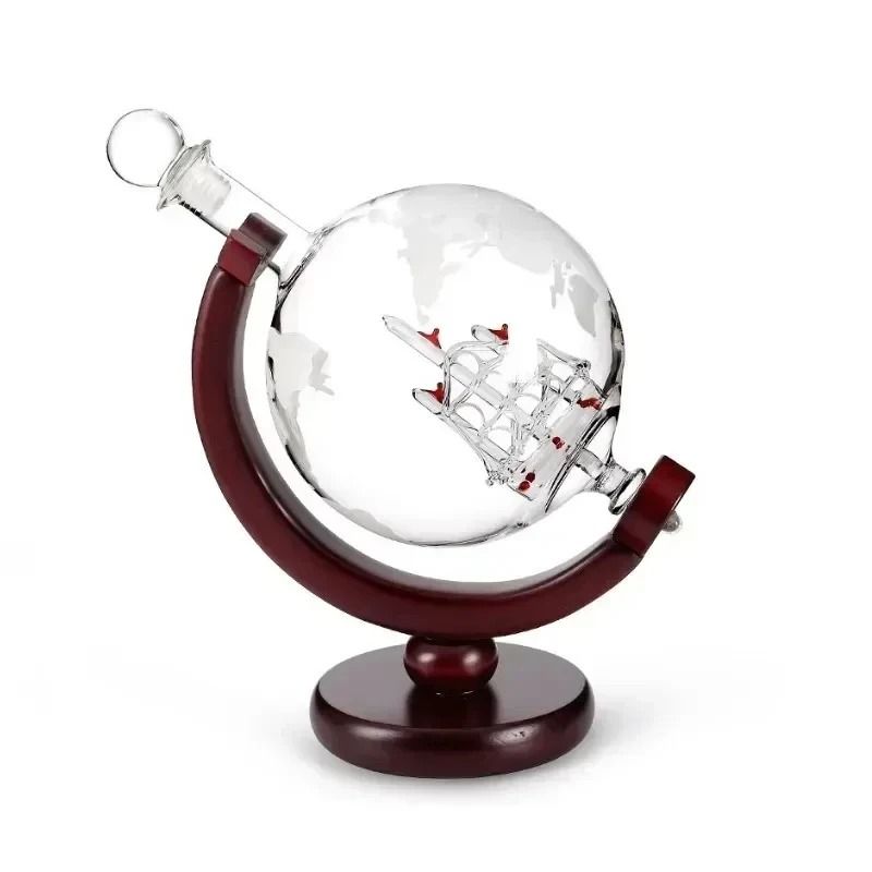 Globe Whiskey Decanter with Wooden Stand 900ml with Optional Glasses