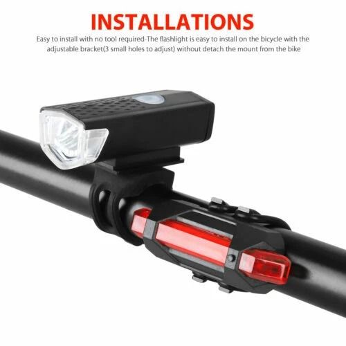 Bicycle Headlight Bike LED, USB Rechargeable Front Rear Lamp, Waterproof Cycling Light