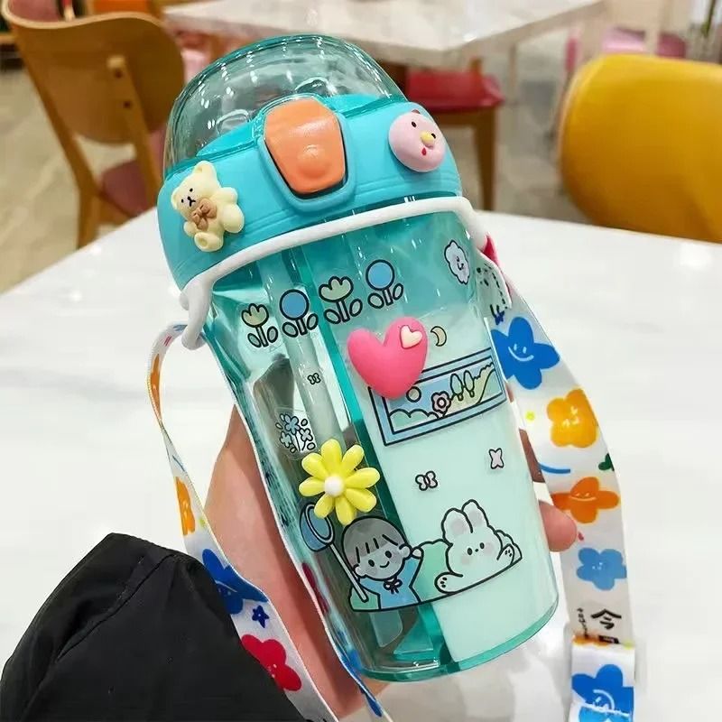 Kids Water Bottle with Double Straw Leak Proof Cute Plastic Bottle 430ml