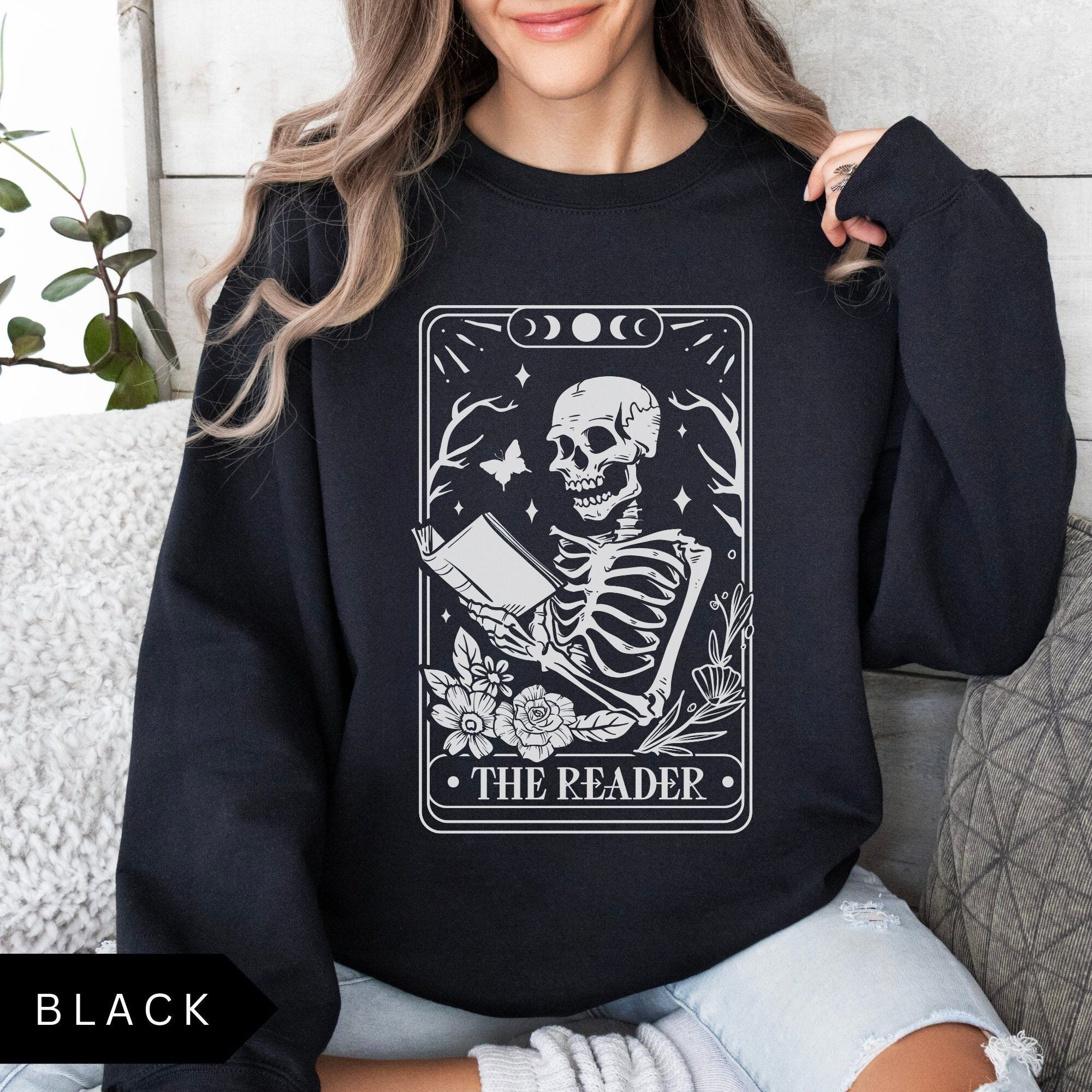 The Reader Tarot Card Sweatshirt, Book Lover Gift, Bookish Shirt, Skeleton Reading Shirt, Tarot Card Sweatshirt