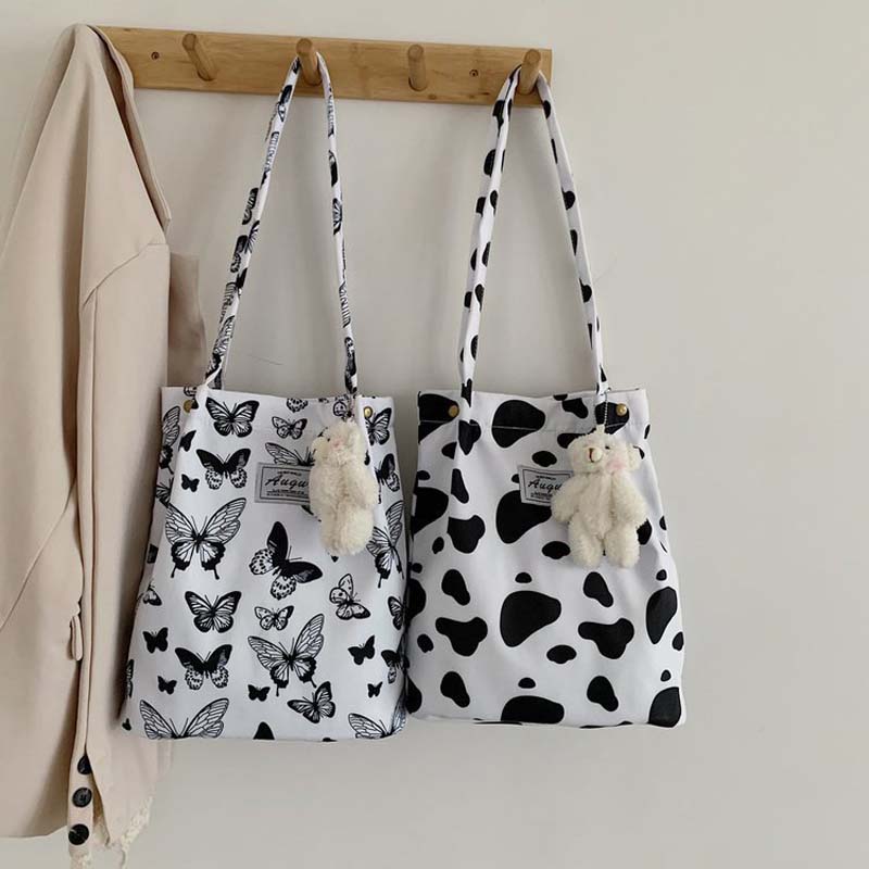 Leopard Print Canvas Tote Bag Large Capacity Stylish Shoulder Shopping Bag