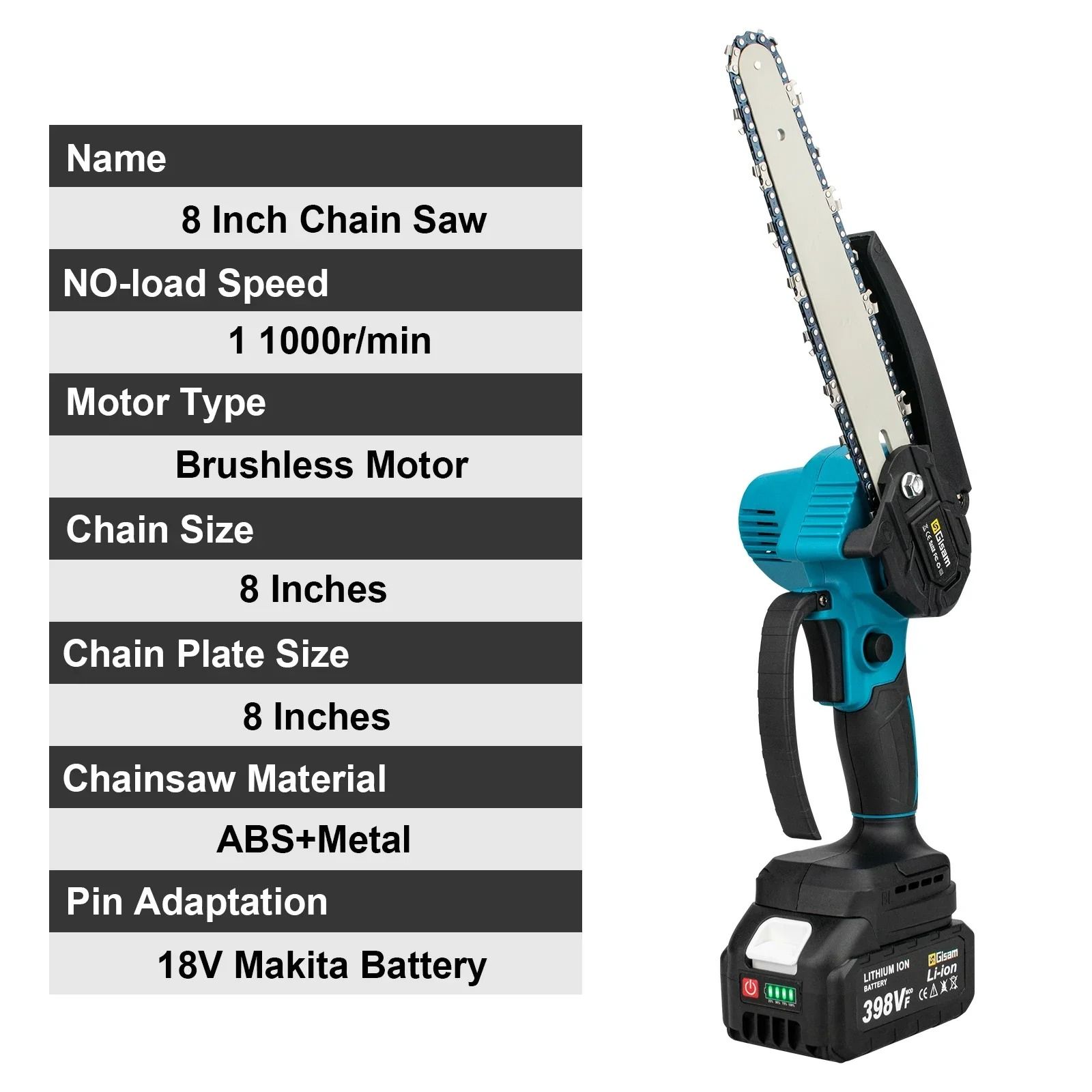 Gisam 8 Inch Brushless Electric Chainsaw Cordless Handheld Power Tool for Garden and Wood Cutting