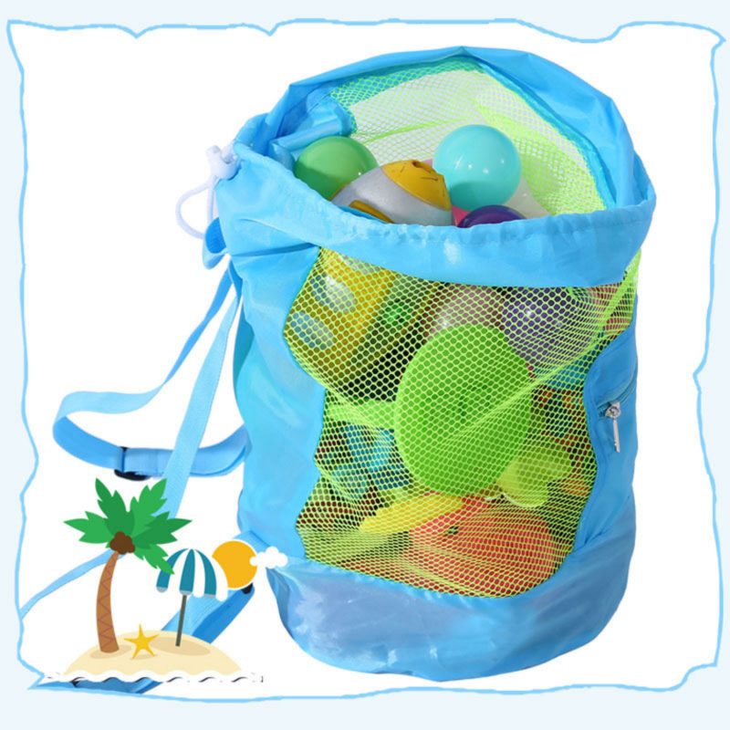Foldable Mesh Beach Toy Bag Drawstring Backpack with Zipper Pocket