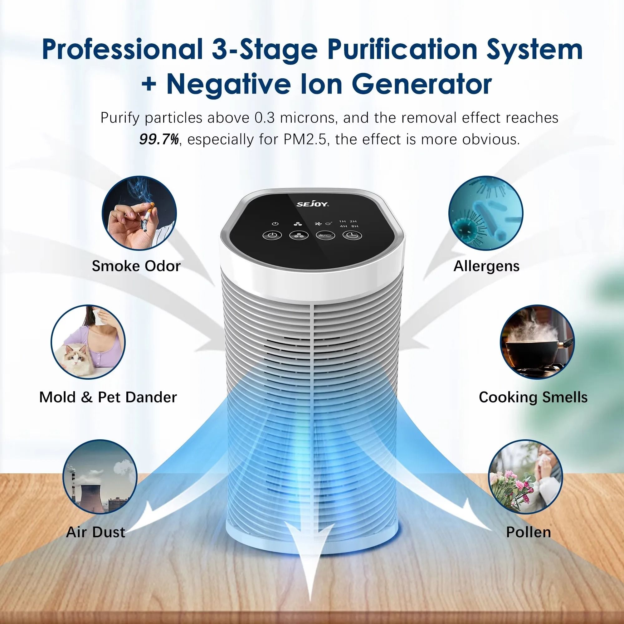 Sejoy HEPA Air Purifier with Ionizer and 3 Speed Quiet Operation for Bedrooms and Pets