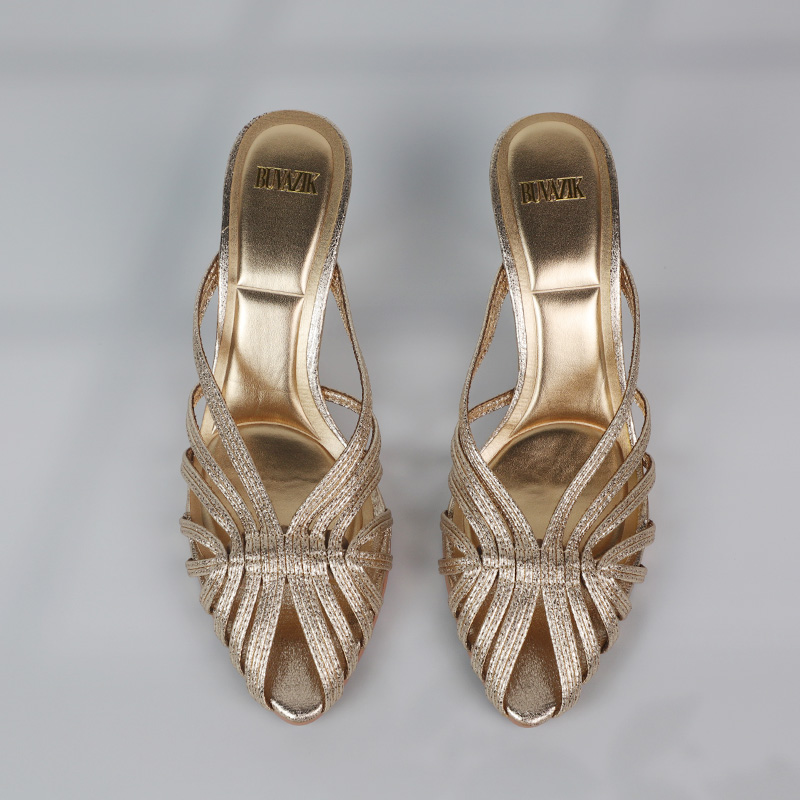 Gold Hollow Thin Strip Heels for Women, Luxury Pointed Toe Heeled Pumps, Office Lady Mules Summer Shoe Sandals