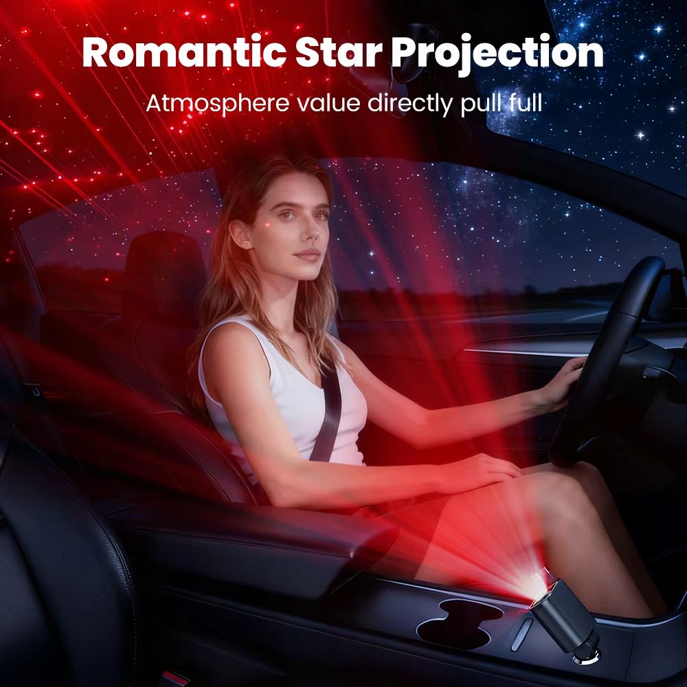4 in 1 Retractable Car Charger With Dual Built In Cables and Star Light Effect