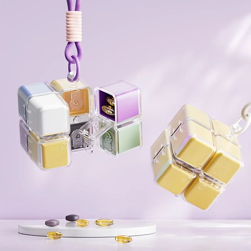Magic Cube 8 Grid Pill Organizer Box with Hanging Rope Moisture Proof Travel Medicine Storage
