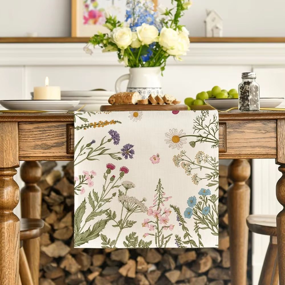 Spring Daisy Linen Table Runner Farmhouse Floral Dining Table Decor