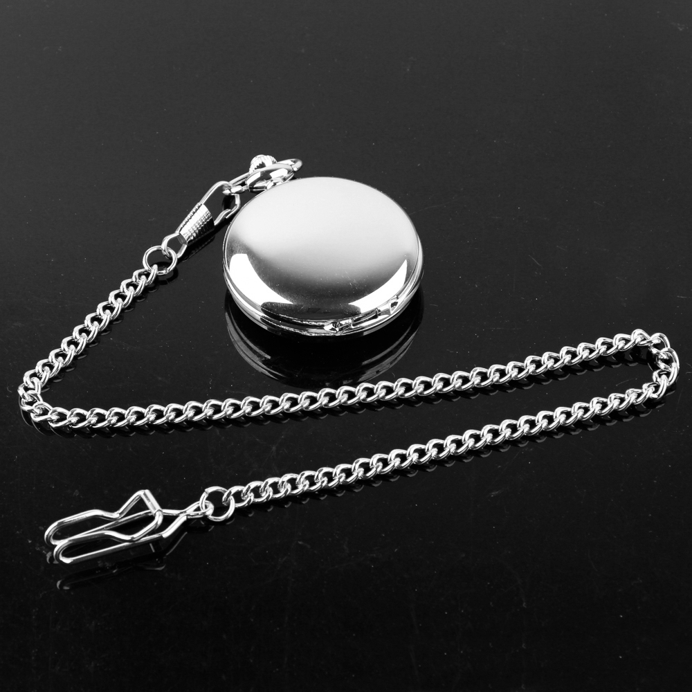 Modern Analog Pocket Watch with Luxury Smooth Silver Pendant, Roman Numerals, Unisex Chain Gift