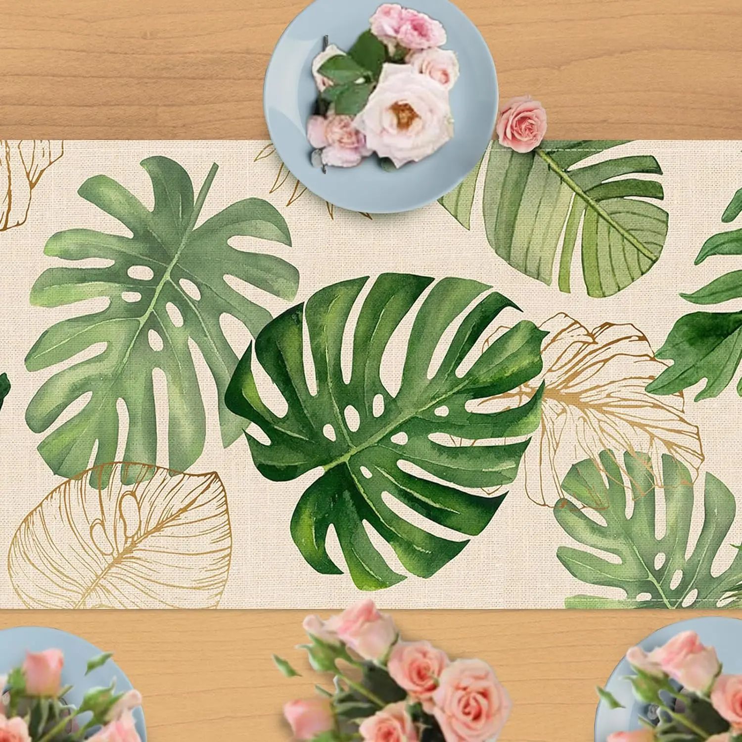 Tropical Palm Leaves Linen Table Runner