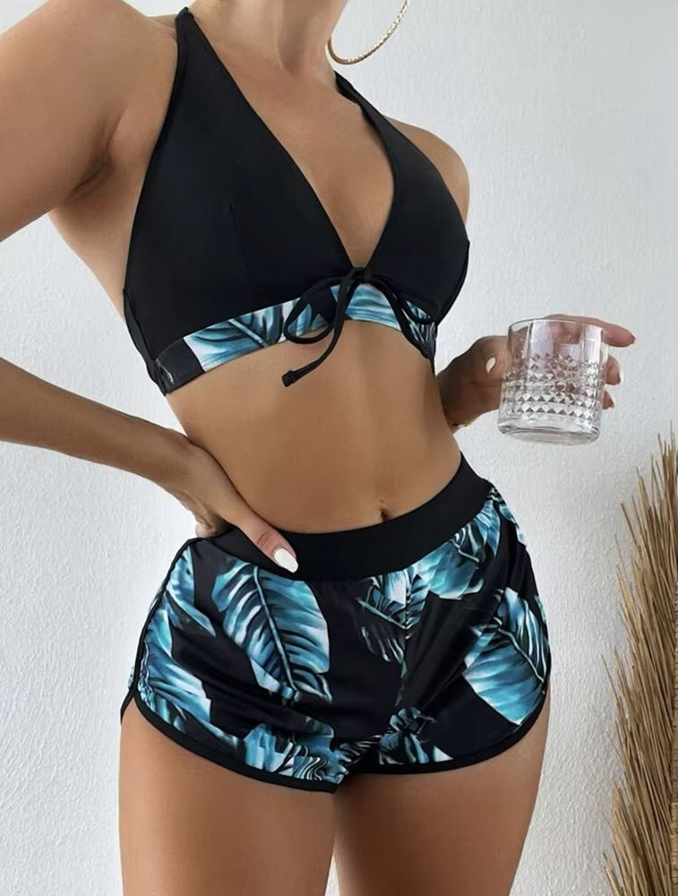 TropiLeaf Halter 3-Piece Swimsuit Set – High-Waisted Leaf Print Bikini