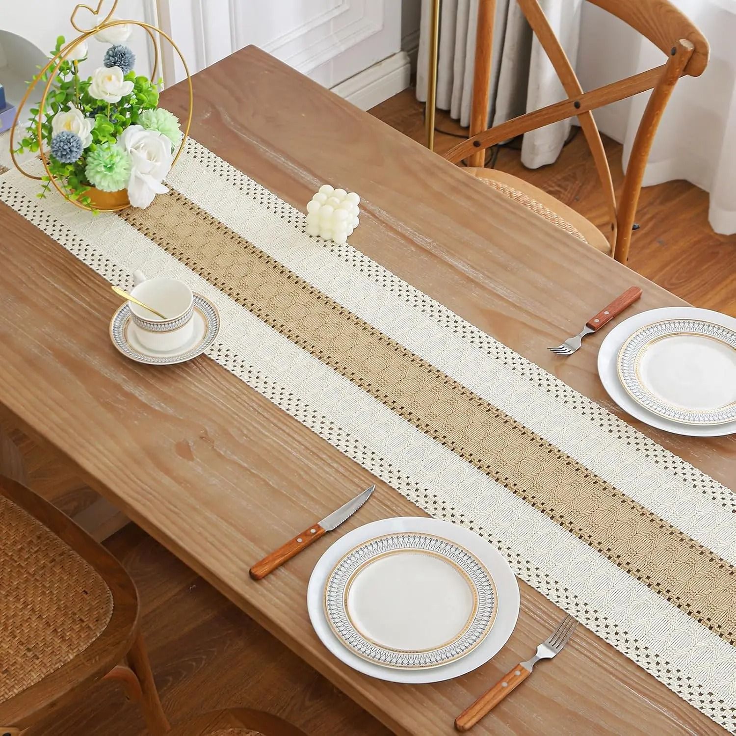Rustic Boho Farmhouse Linen Table Runner with Tassels