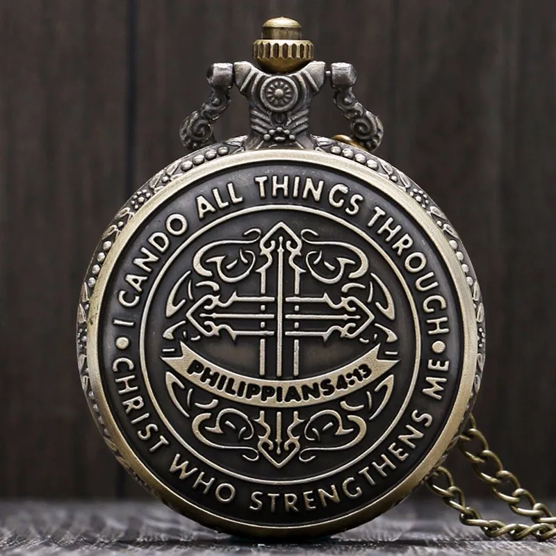 Vintage Christian Pocket Watch Necklace with Bible Verse Engraving and Quartz Movement