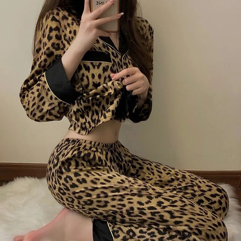 Women Leopard Print Long Sleeve Pajama Set
