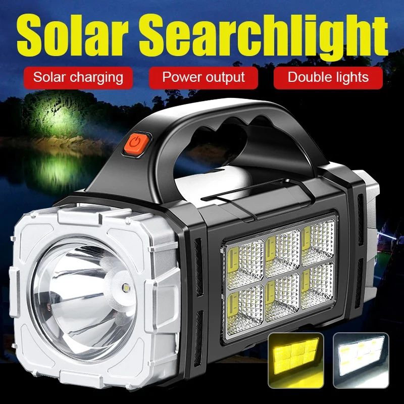 Powerful USB + Solar Rechargeable LED Flashlight – COB Camping Searchlight Torch with Power Bank Emergency Light