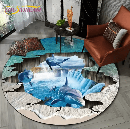 3D Ocean Dolphin Area Rug – Non-Slip Underwater Illusion Round Carpet
