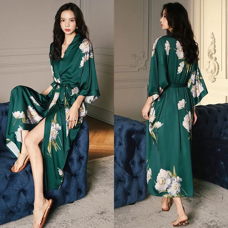 New Spring Summer Female Long Robe Set – Sexy Flower Print Kimono & Silk Satin Casual Lounge Wear