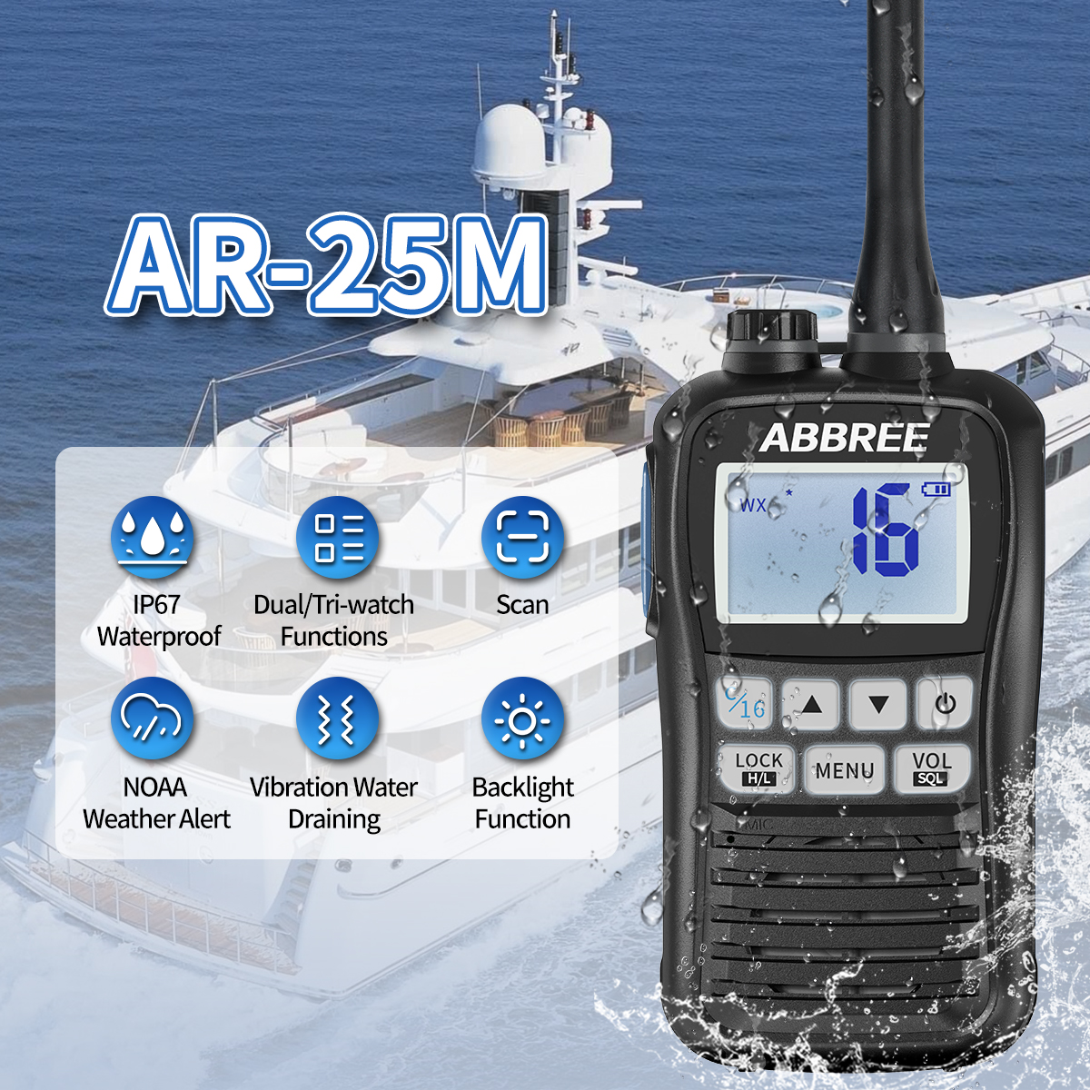 Waterproof Floating Marine Radio Walkie Talkie with NOAA Alerts and Long-Range VHF Communication
