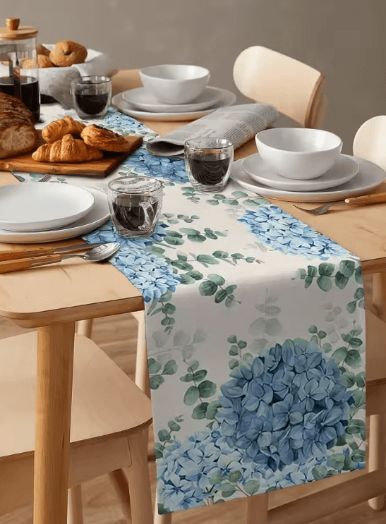 Blue Hydrangea Eucalyptus Linen Table Runner – Elegant hydrangea table runner for Farmhouse & Wedding Decor