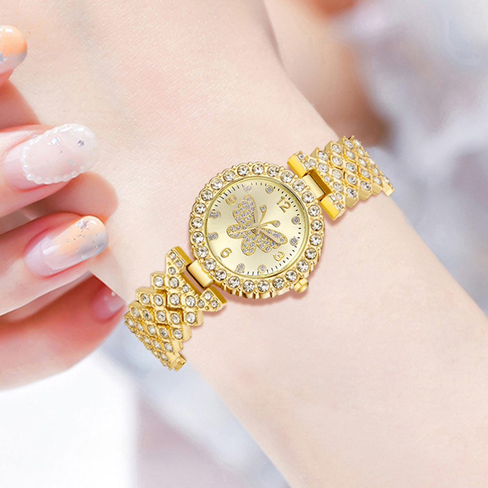 Luxury Women Quartz Watch Bracelet Set with Golden Butterfly Element, Trendy Fashion for Daily Wear