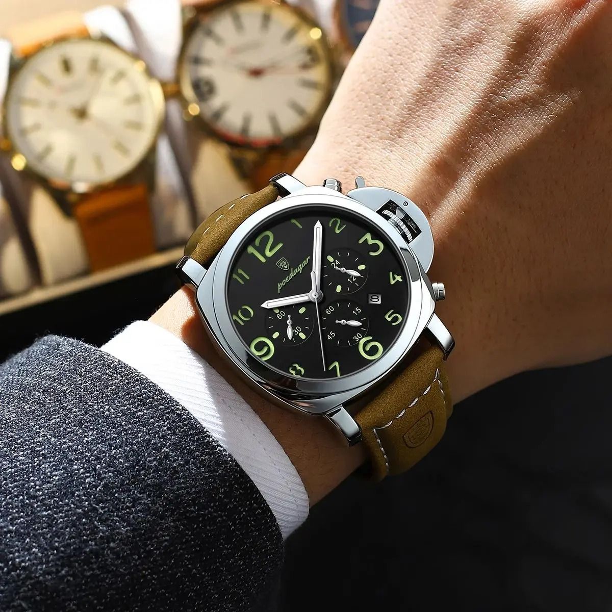 Luxury Military Waterproof Watch with Luminous Leather Strap Quartz Movement